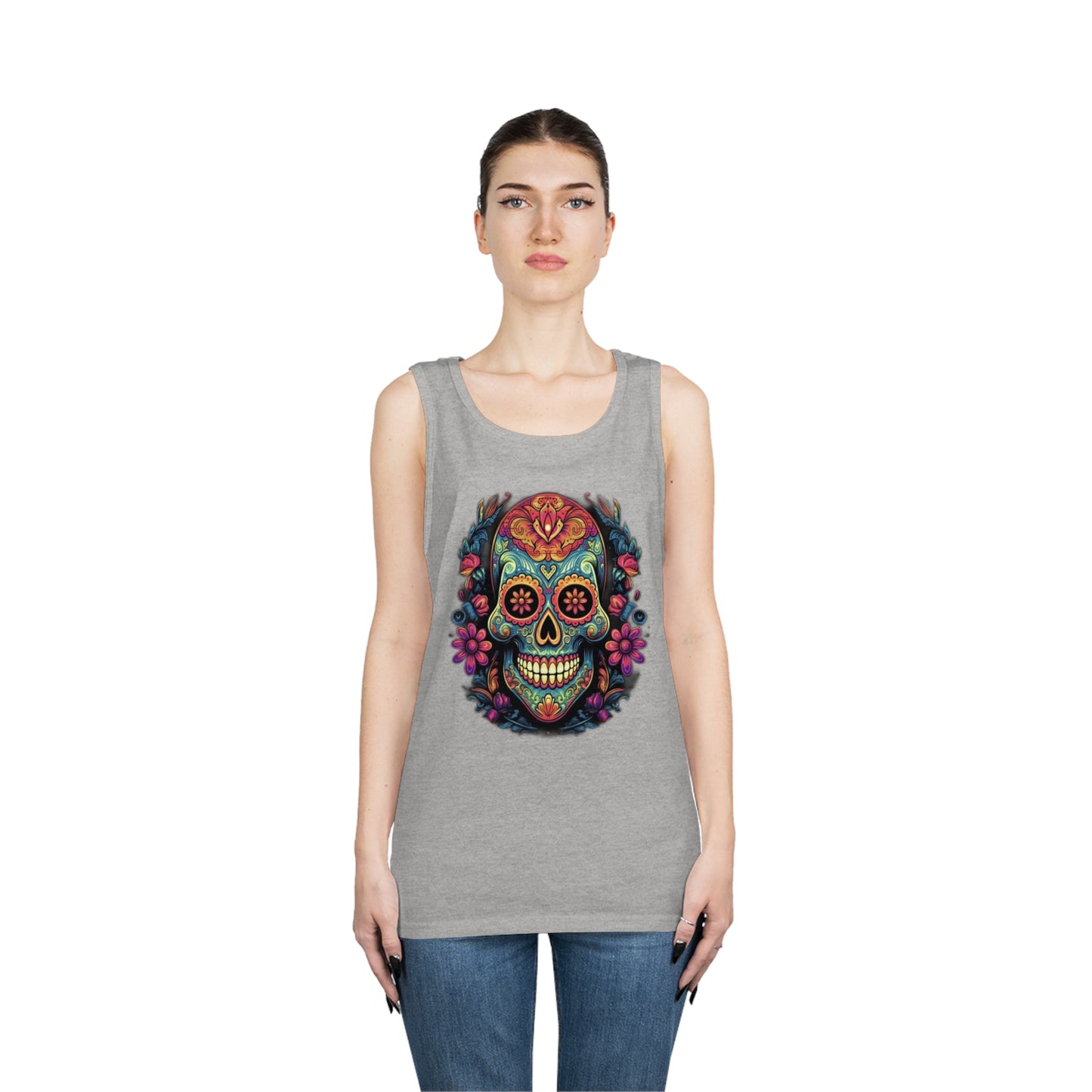 sugar skull and flowers colorful Unisex Heavy Cotton Tank Top