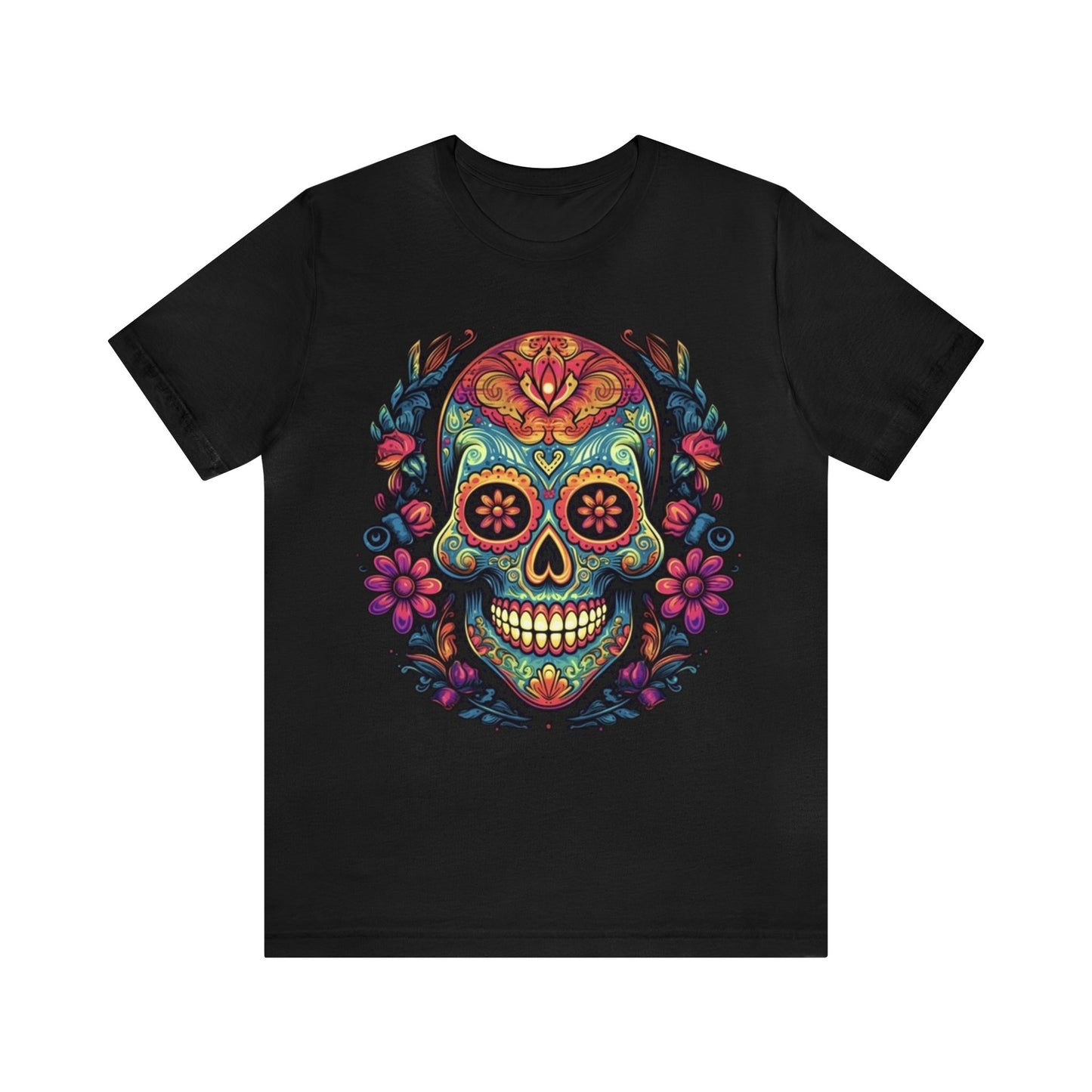 sugar skull and flowers colorful Unisex Jersey Short Sleeve Tee