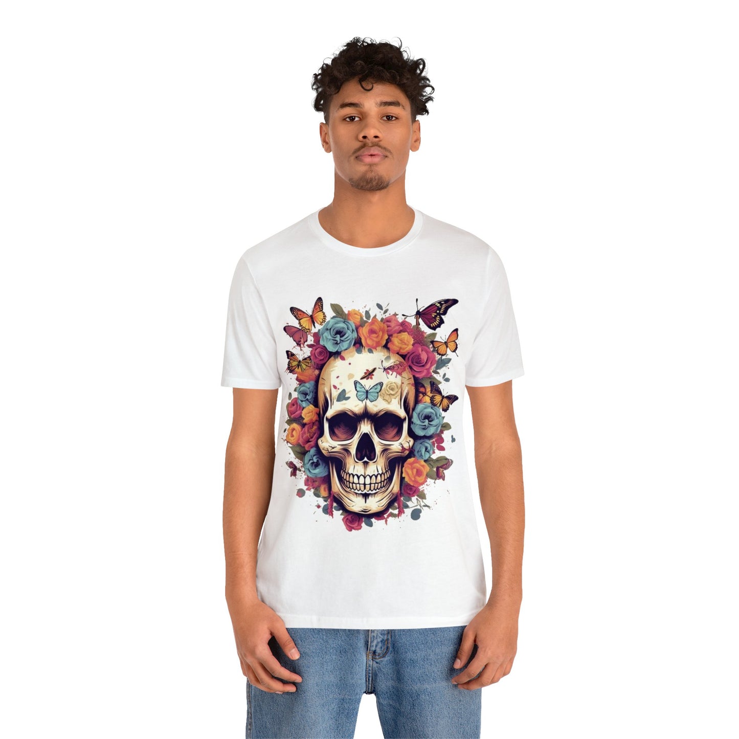 skull butterflies roses colorful Unisex Jersey Short Sleeve Tee