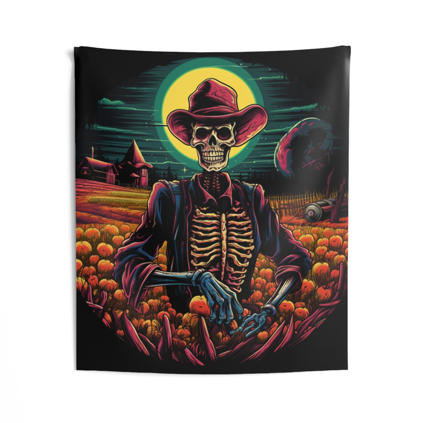 cowboy farmer skeleton pumpkin patch Indoor Wall Tapestries