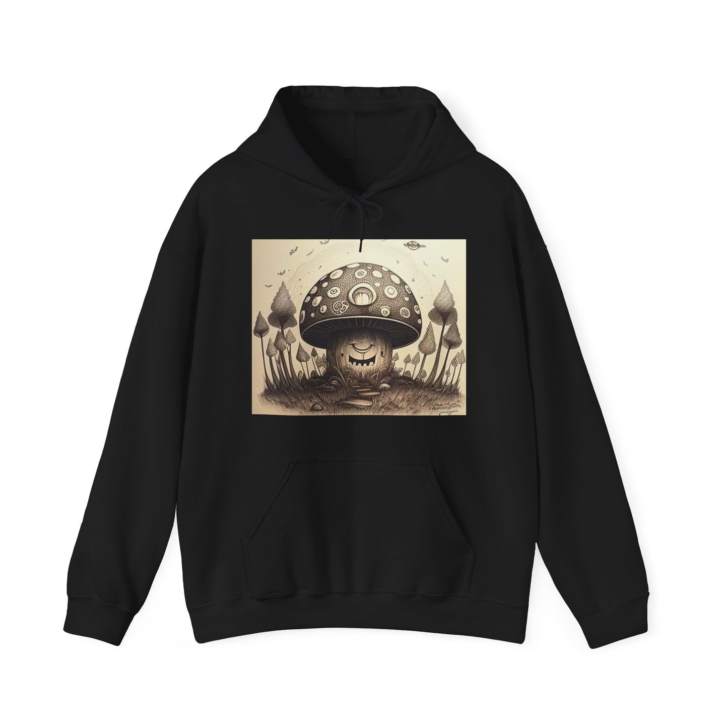 smiling blurry black and white mushroom trippy Unisex Heavy Blend™ Hooded Sweatshirt