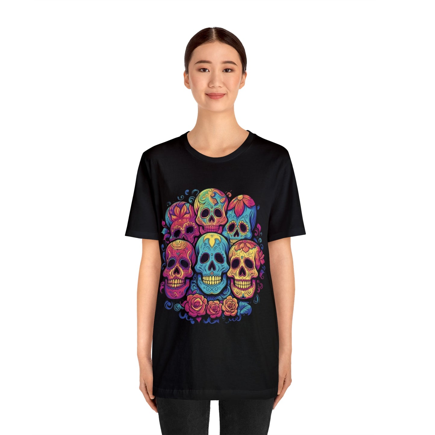 smiling sugar skulls trippy colorful Unisex Jersey Short Sleeve Tee