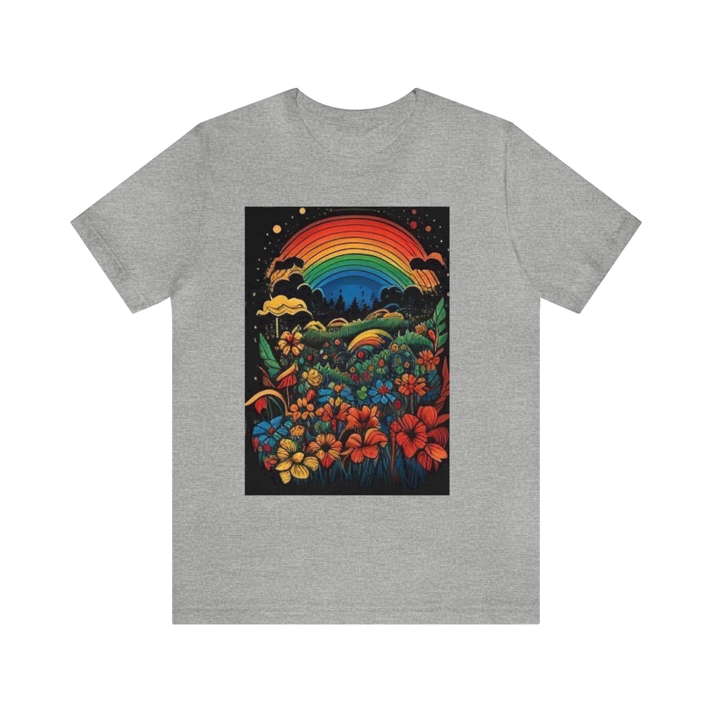 70's style rainbow and flowers colorful trippy Unisex Jersey Short Sleeve Tee