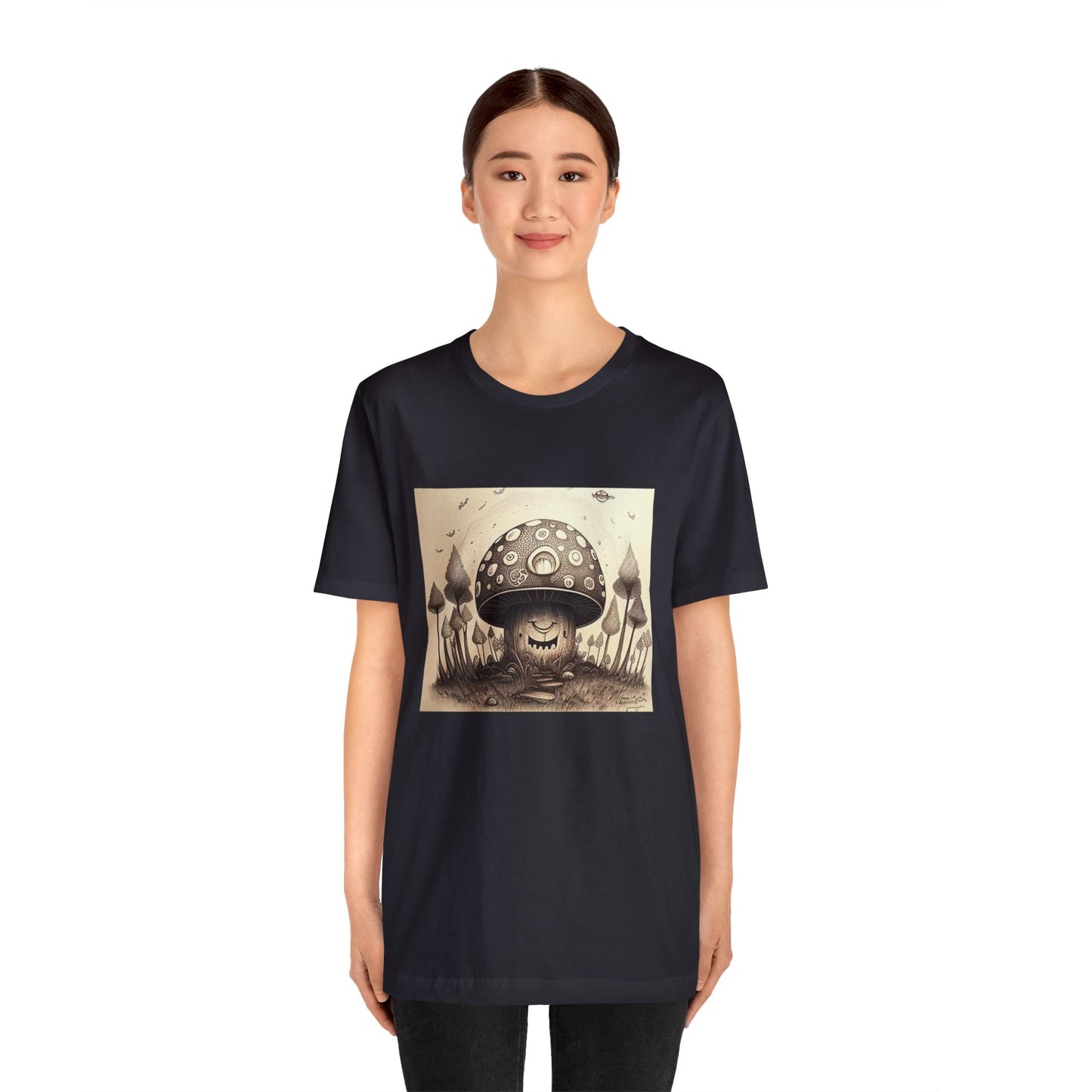 smiling blurry black and white mushroom trippy Unisex Jersey Short Sleeve Tee