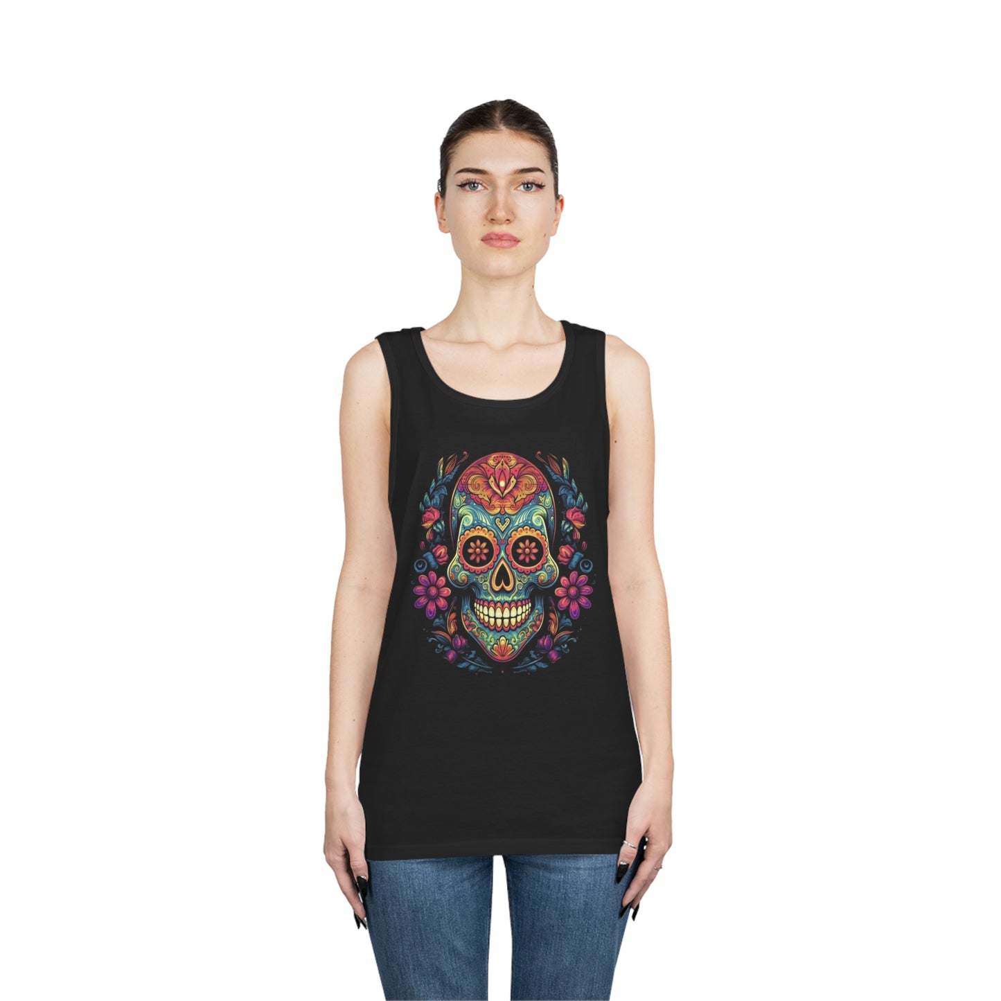 sugar skull and flowers colorful Unisex Heavy Cotton Tank Top