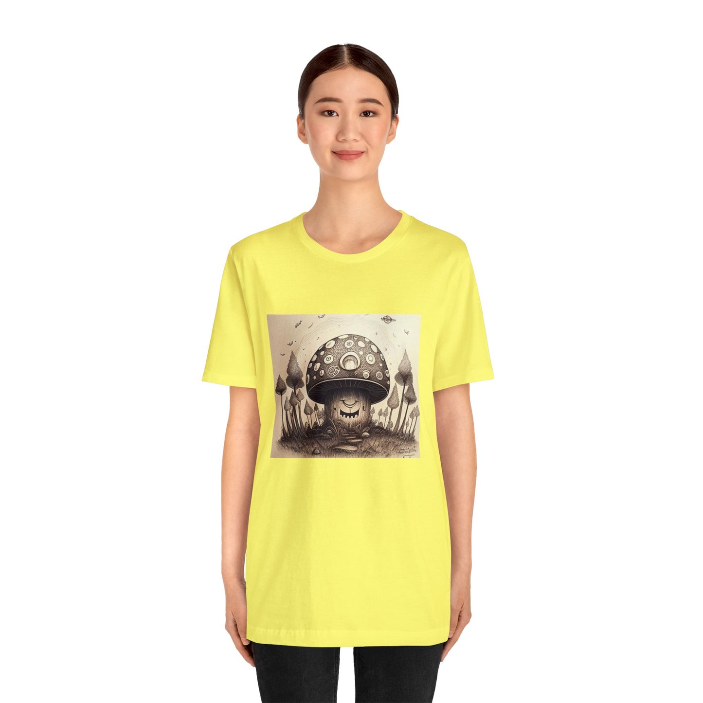 smiling blurry black and white mushroom trippy Unisex Jersey Short Sleeve Tee