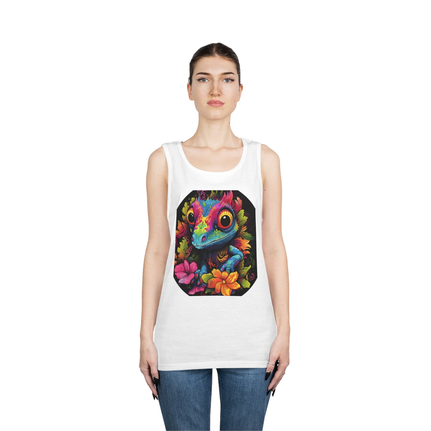 colorful cute gecko flowers Unisex Heavy Cotton Tank Top