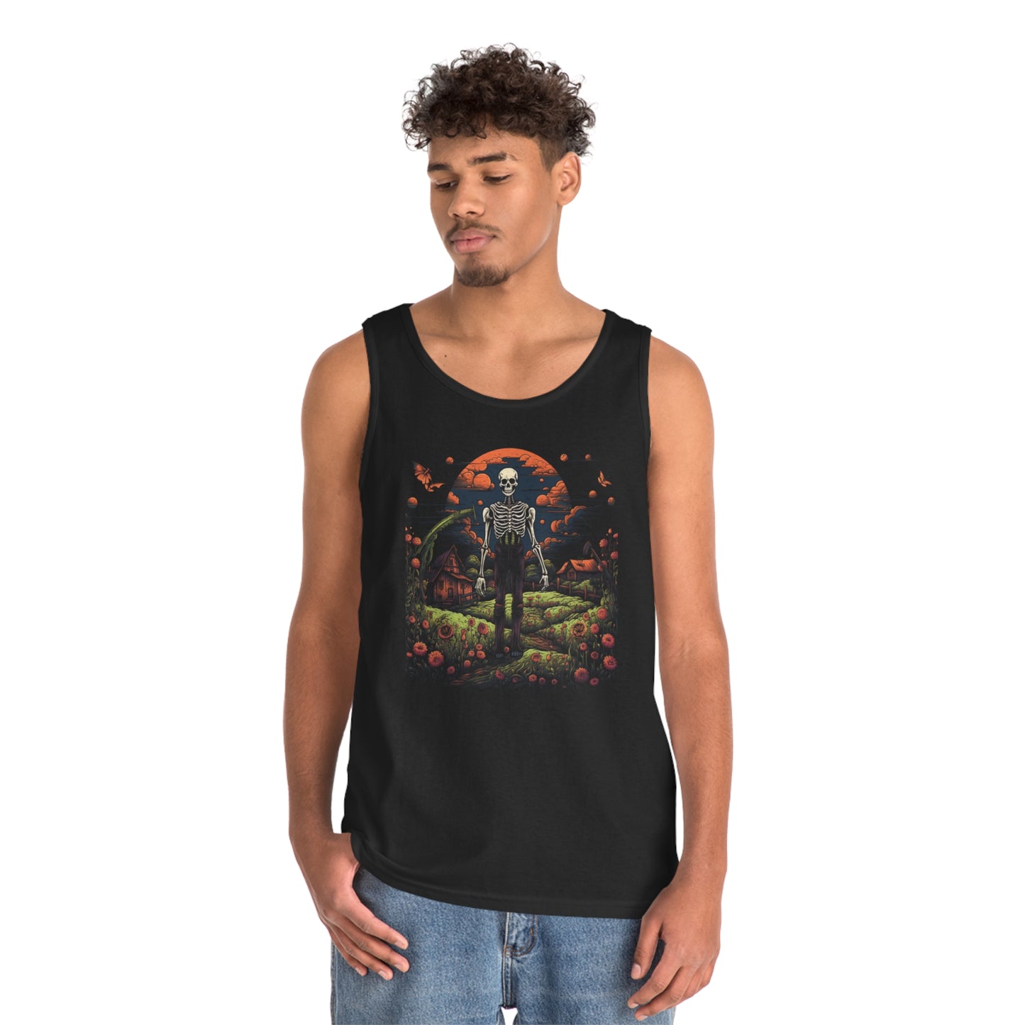 skeleton skull colorful flowers Unisex Heavy Cotton Tank Top