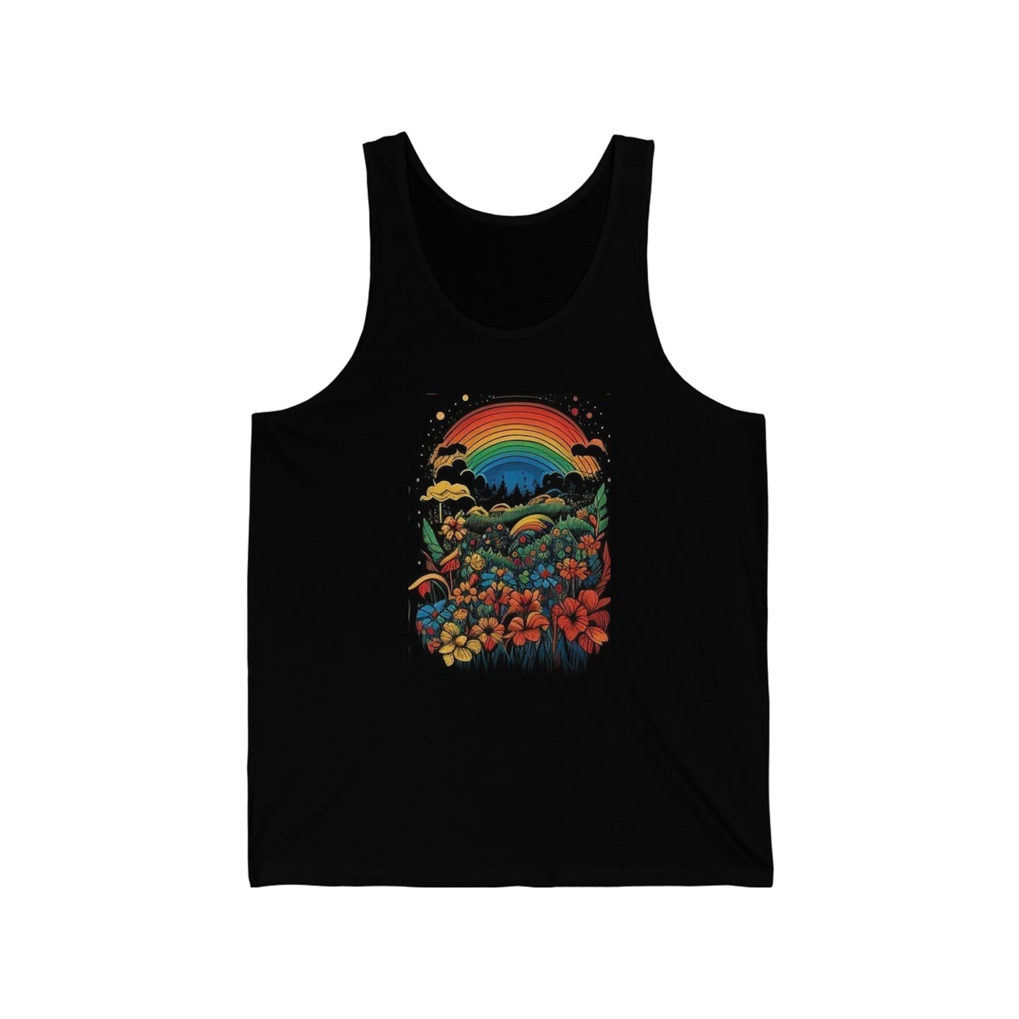 70's style rainbow and flowers colorful trippy Unisex Jersey Tank