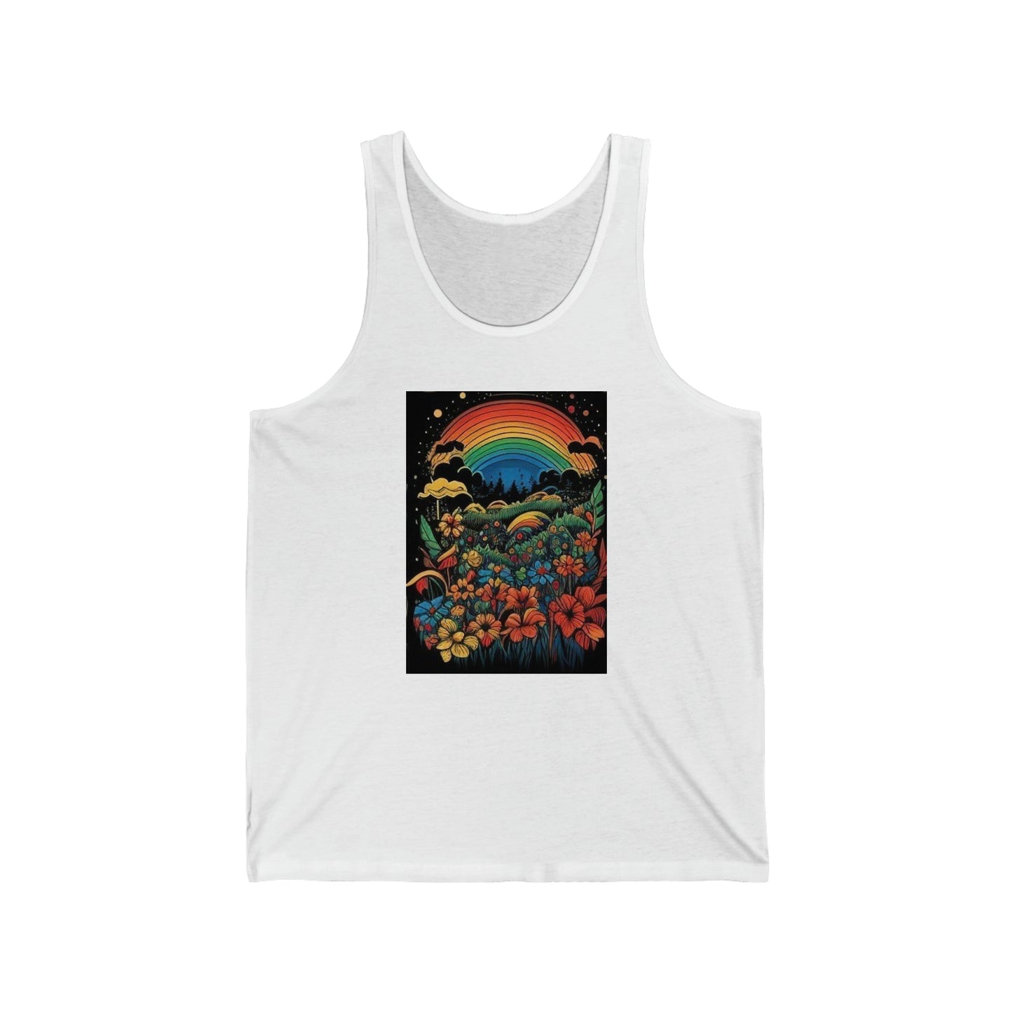 70's style rainbow and flowers colorful trippy Unisex Jersey Tank