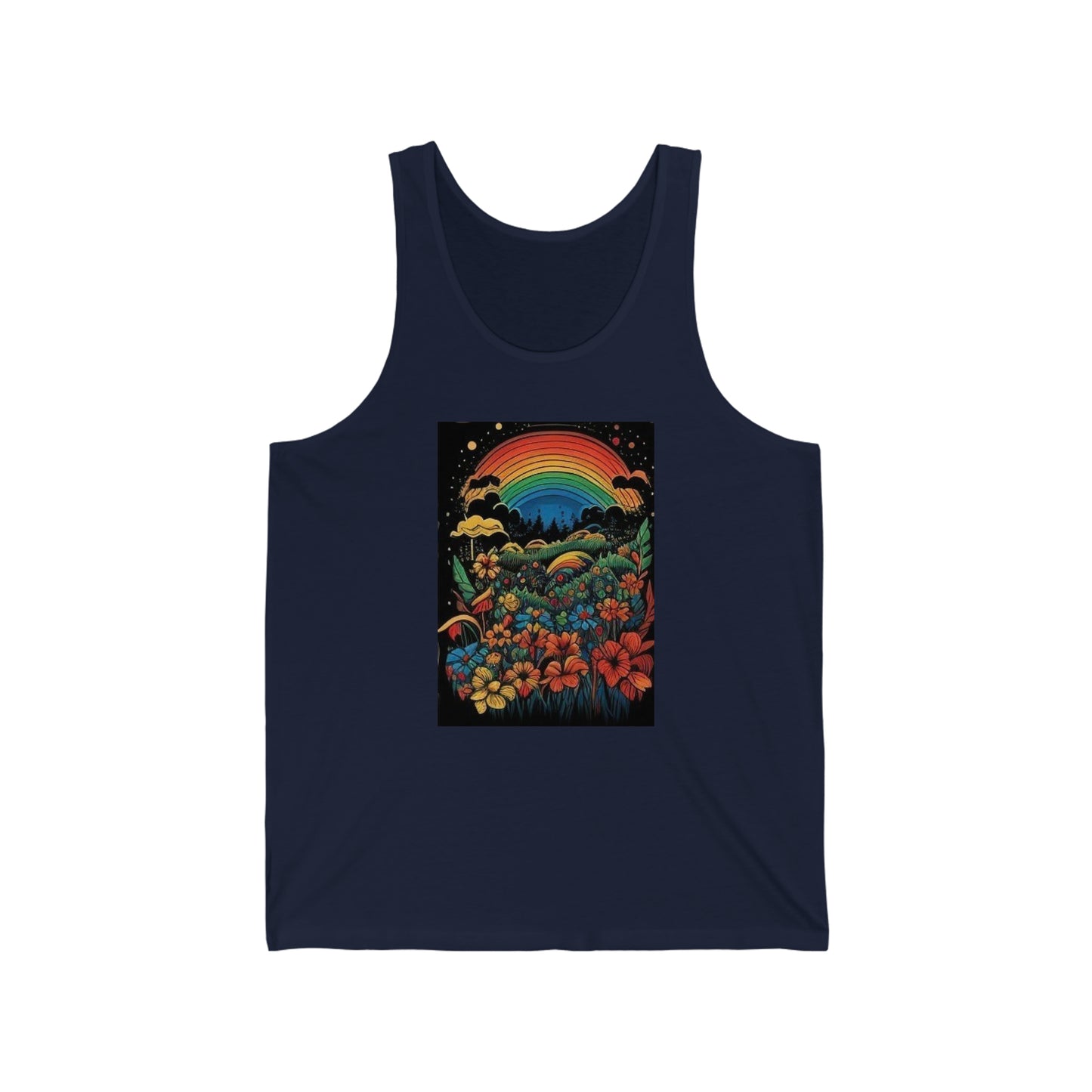 70's style rainbow and flowers colorful trippy Unisex Jersey Tank