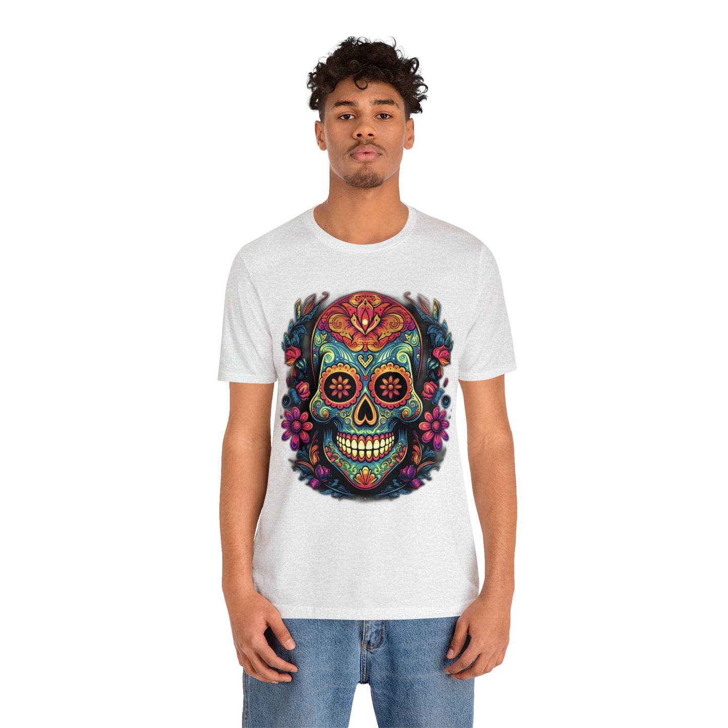 sugar skull and flowers colorful Unisex Jersey Short Sleeve Tee