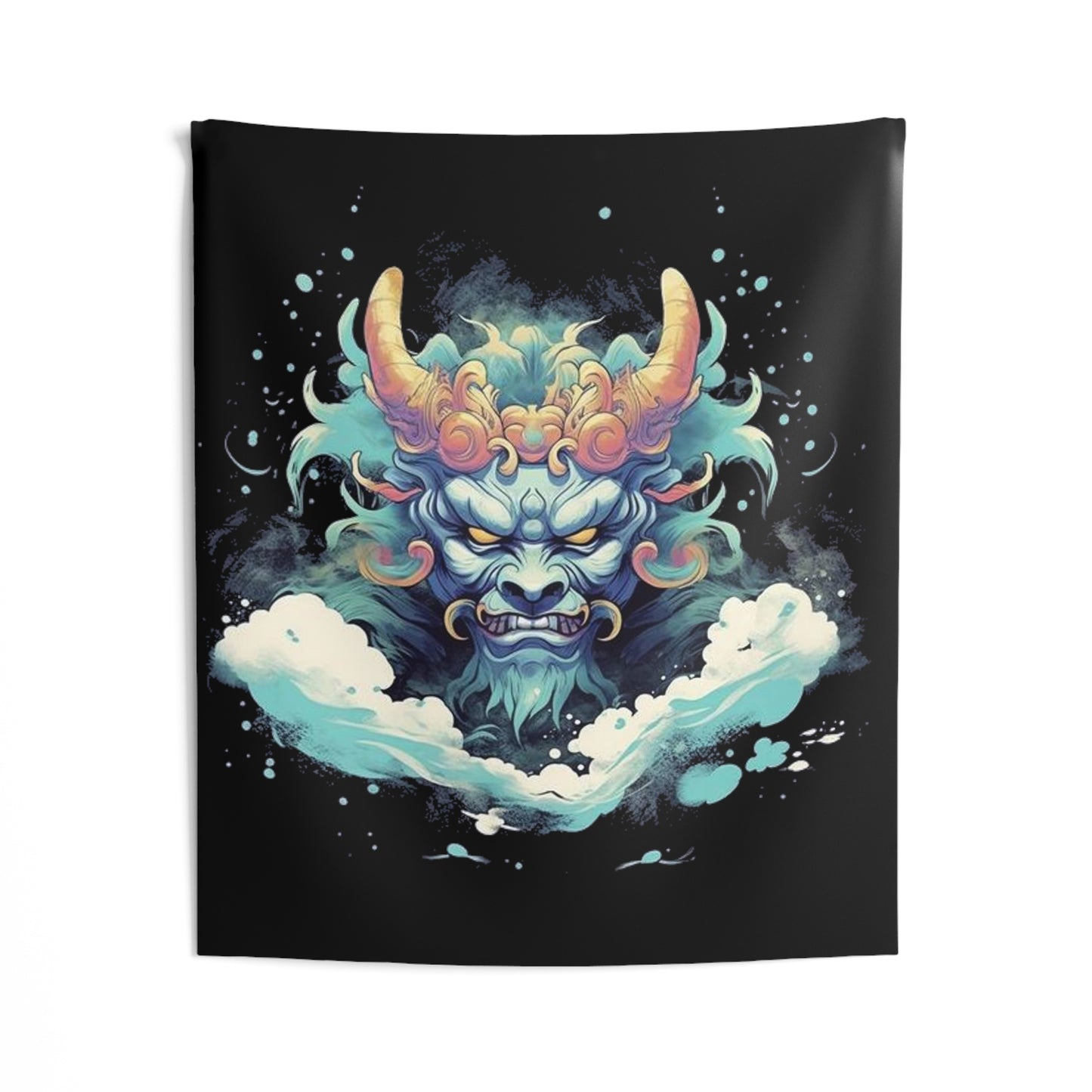 blue Japanese demon with horns Indoor Wall Tapestries