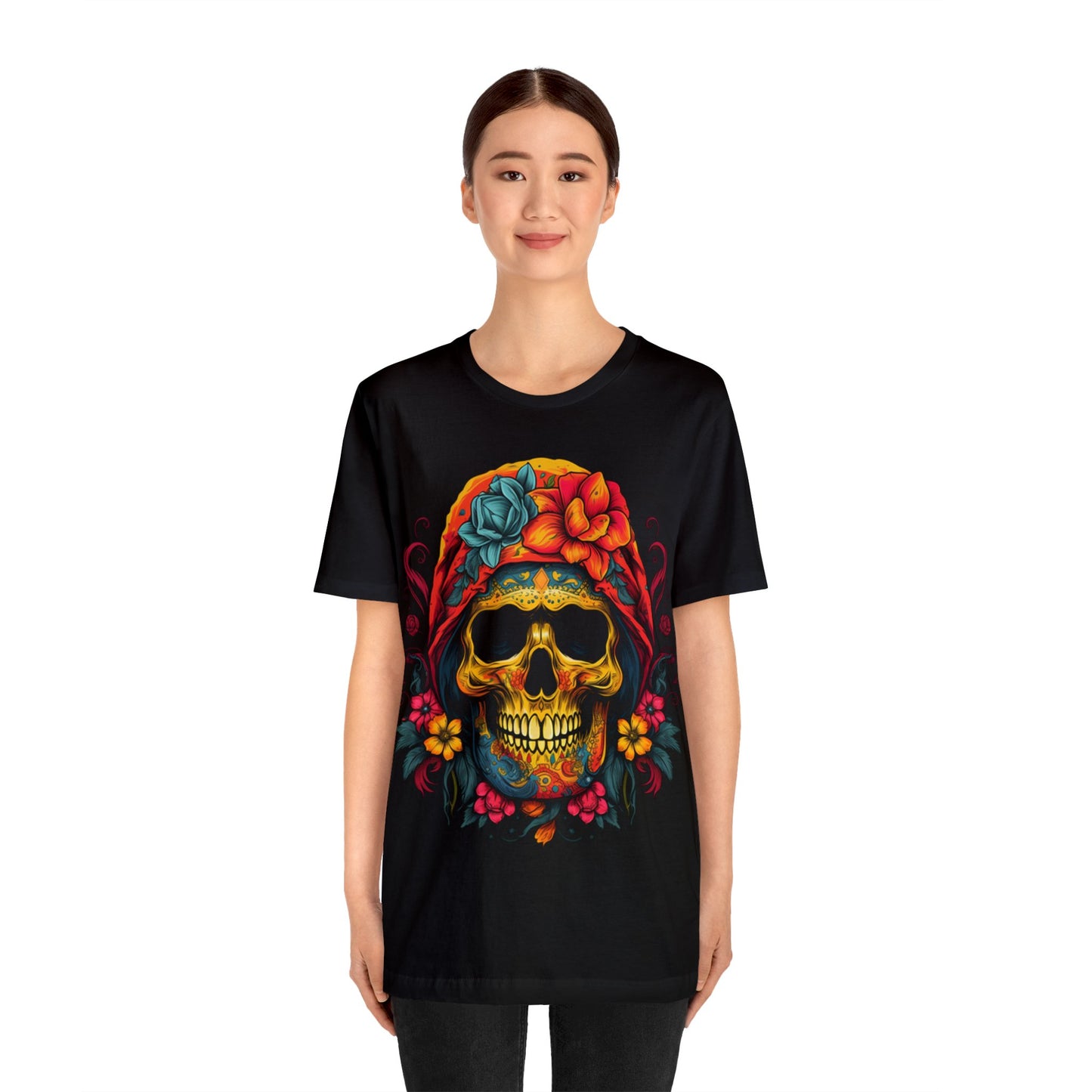 colorful sugar skull with flowers Unisex Jersey Short Sleeve Tee