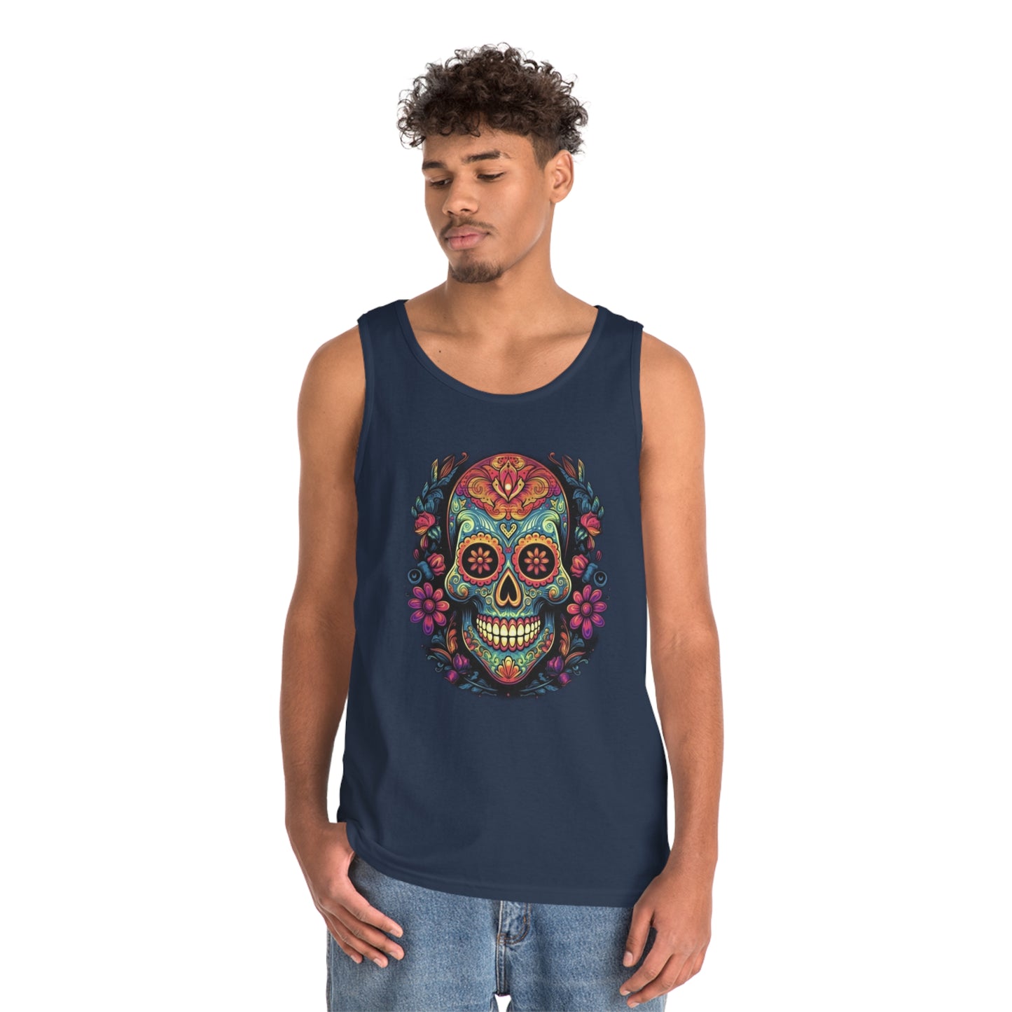 sugar skull and flowers colorful Unisex Heavy Cotton Tank Top