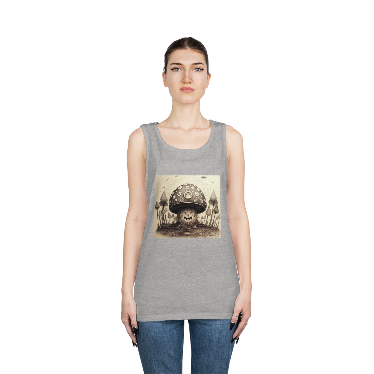 smiling blurry black and white mushroom trippy Unisex Heavy Cotton Tank Top