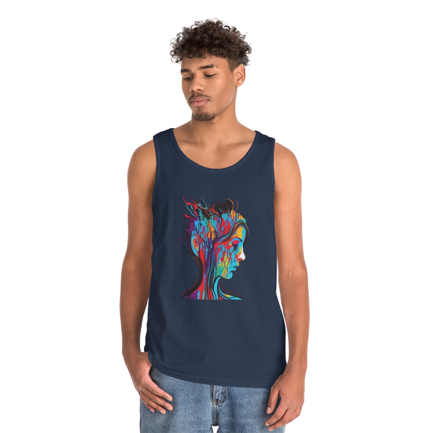 introspective colorful trippy sad face Unisex Heavy Cotton Tank Top