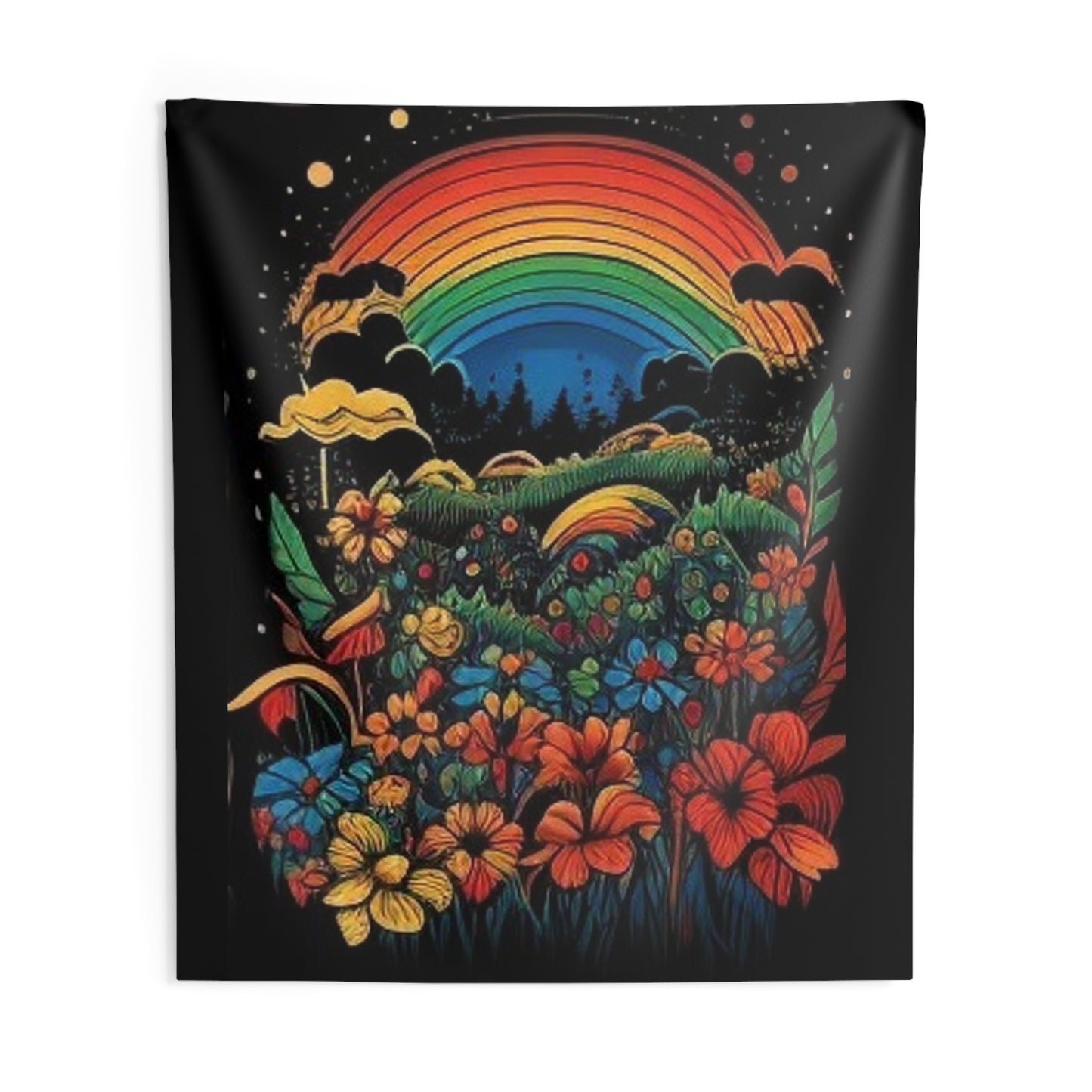 70's style rainbow and flowers colorful trippy Indoor Wall Tapestries