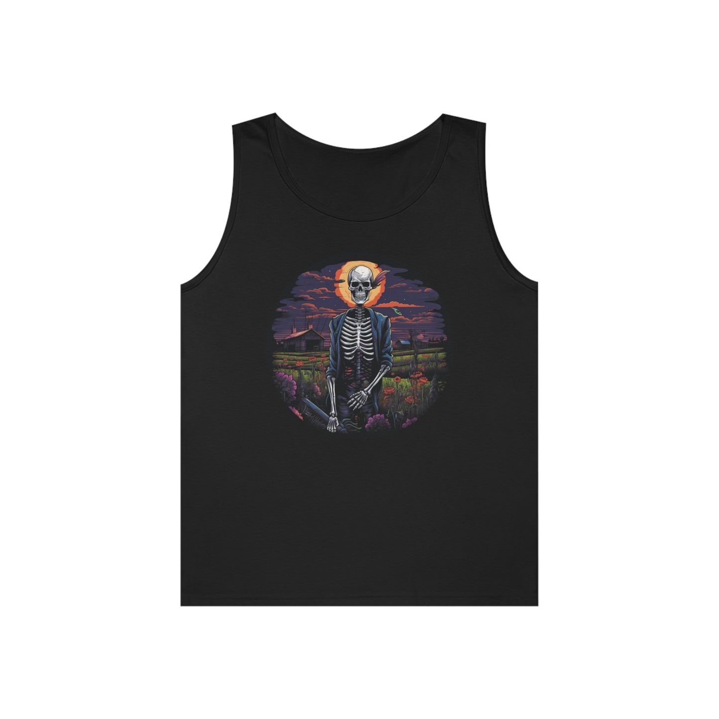 farmer skeleton skull colorful flowers Unisex Heavy Cotton Tank Top