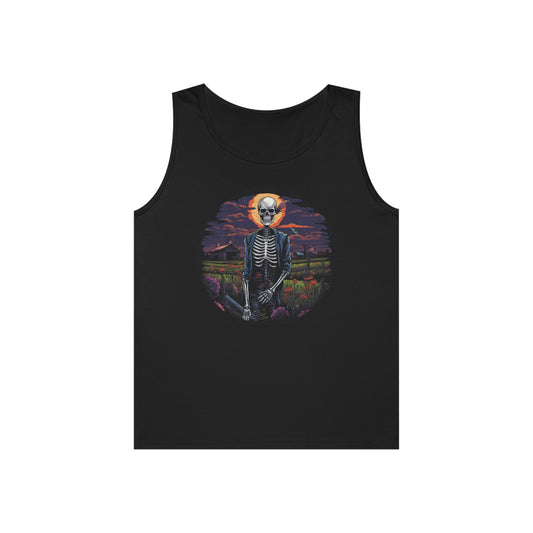 farmer skeleton skull colorful flowers Unisex Heavy Cotton Tank Top