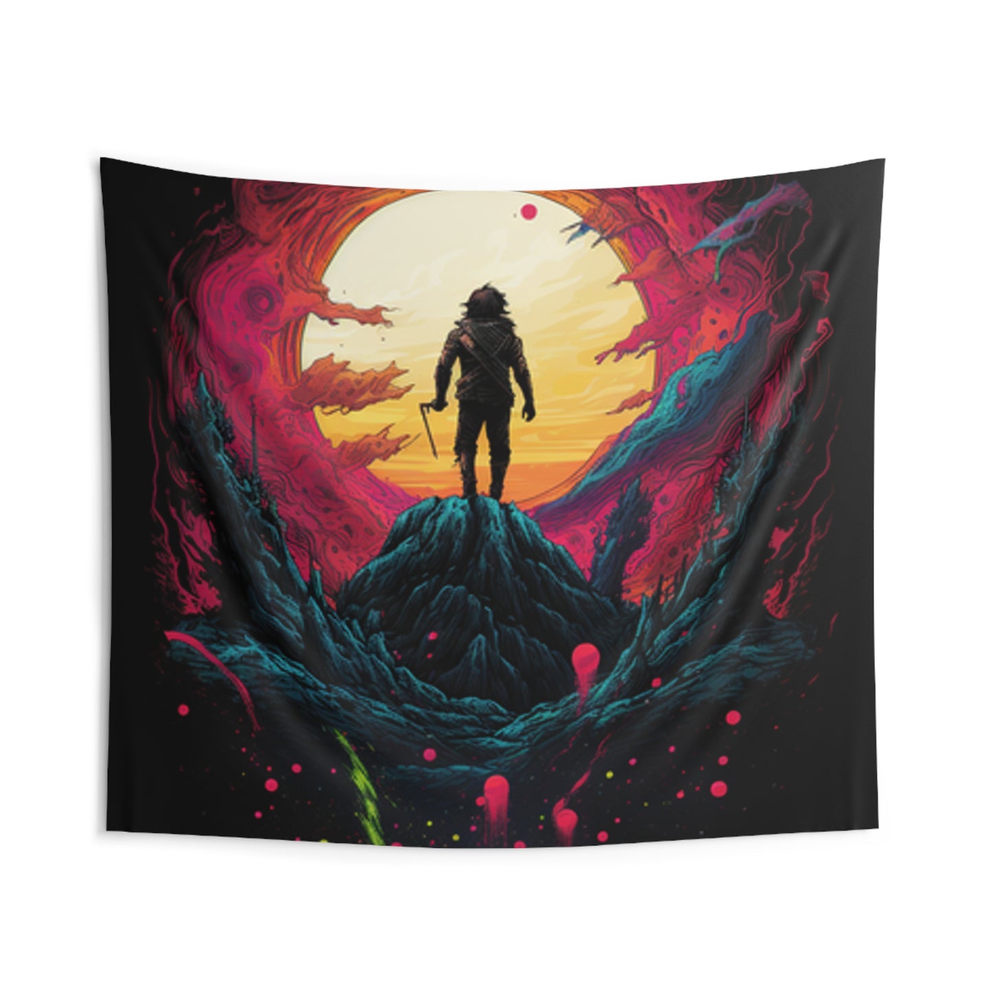 Samuri on mountain trippy colorful  Indoor Wall Tapestries