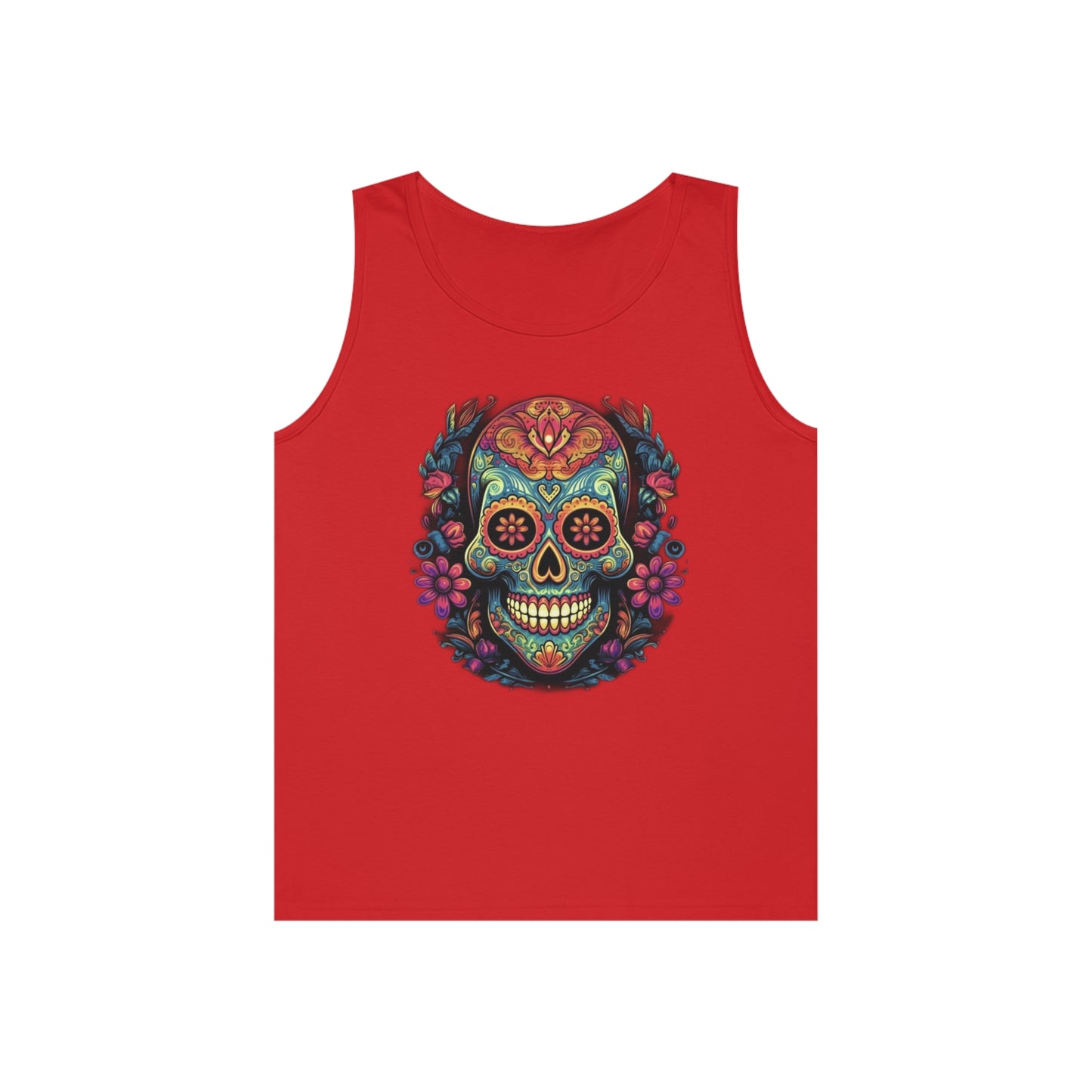 sugar skull and flowers colorful Unisex Heavy Cotton Tank Top