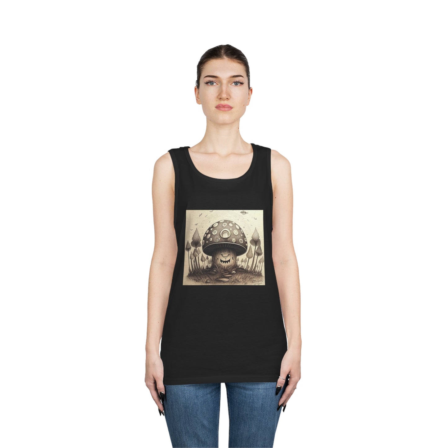 smiling blurry black and white mushroom trippy Unisex Heavy Cotton Tank Top