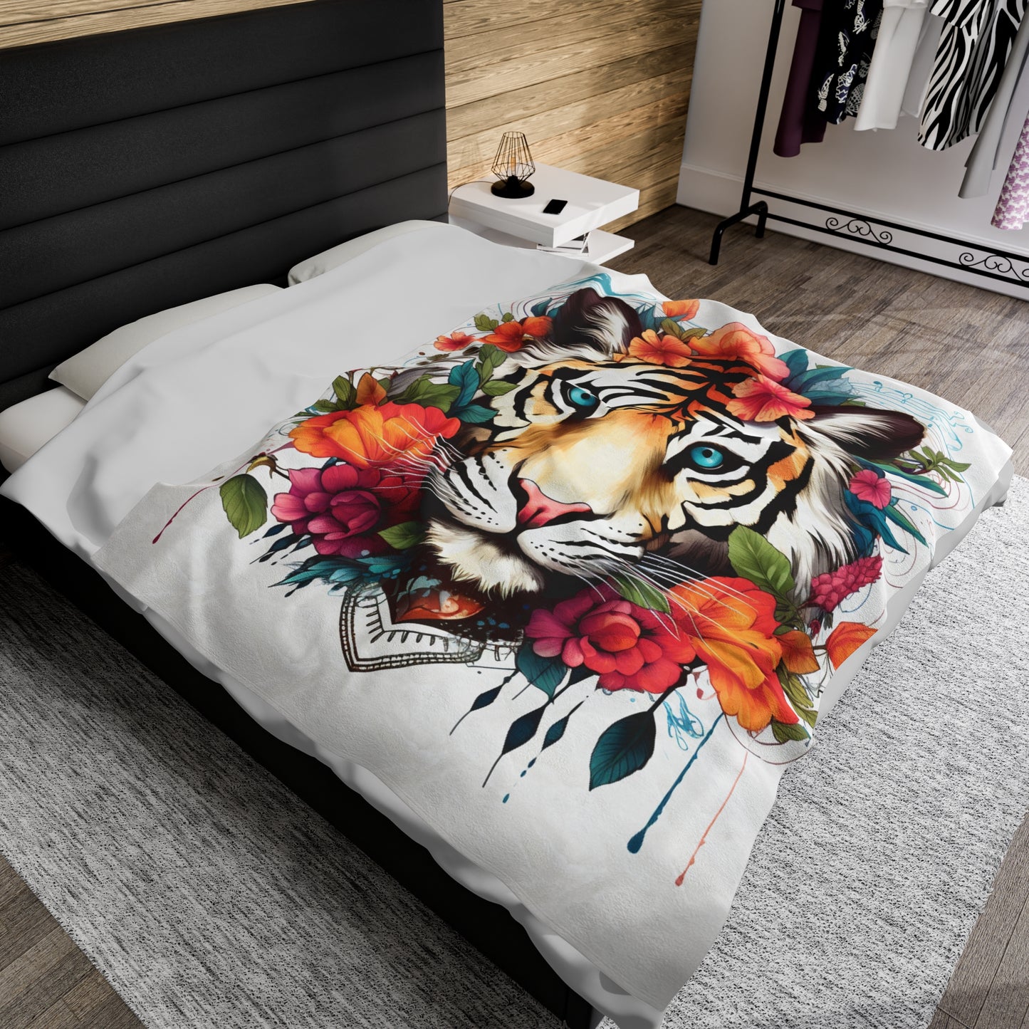 tiger flowers colorful Velveteen Plush Blanket