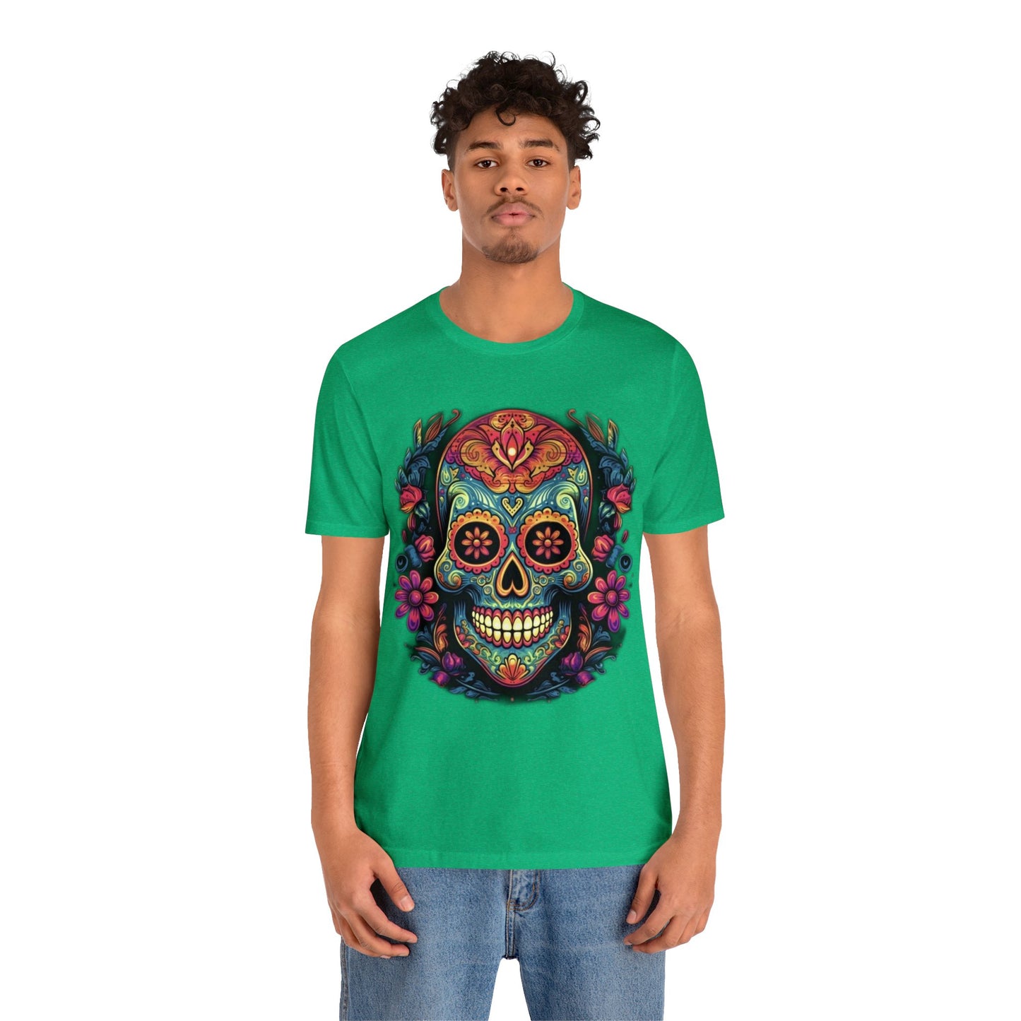 sugar skull and flowers colorful Unisex Jersey Short Sleeve Tee