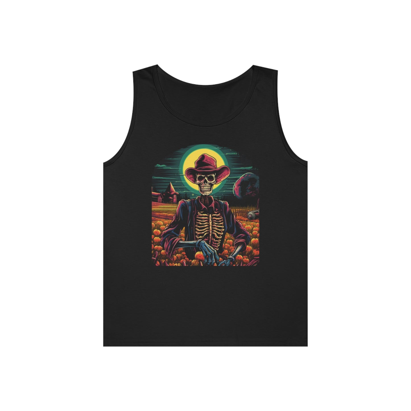 cowboy farmer skeleton pumpkin patch Unisex Heavy Cotton Tank Top