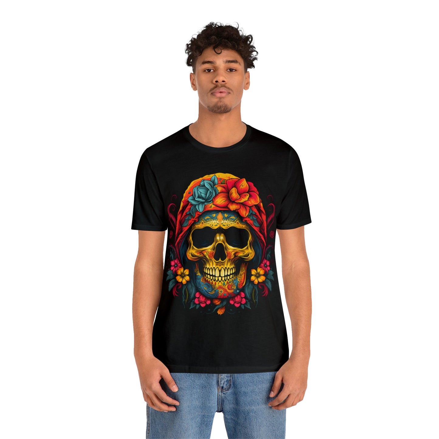 colorful sugar skull with flowers Unisex Jersey Short Sleeve Tee