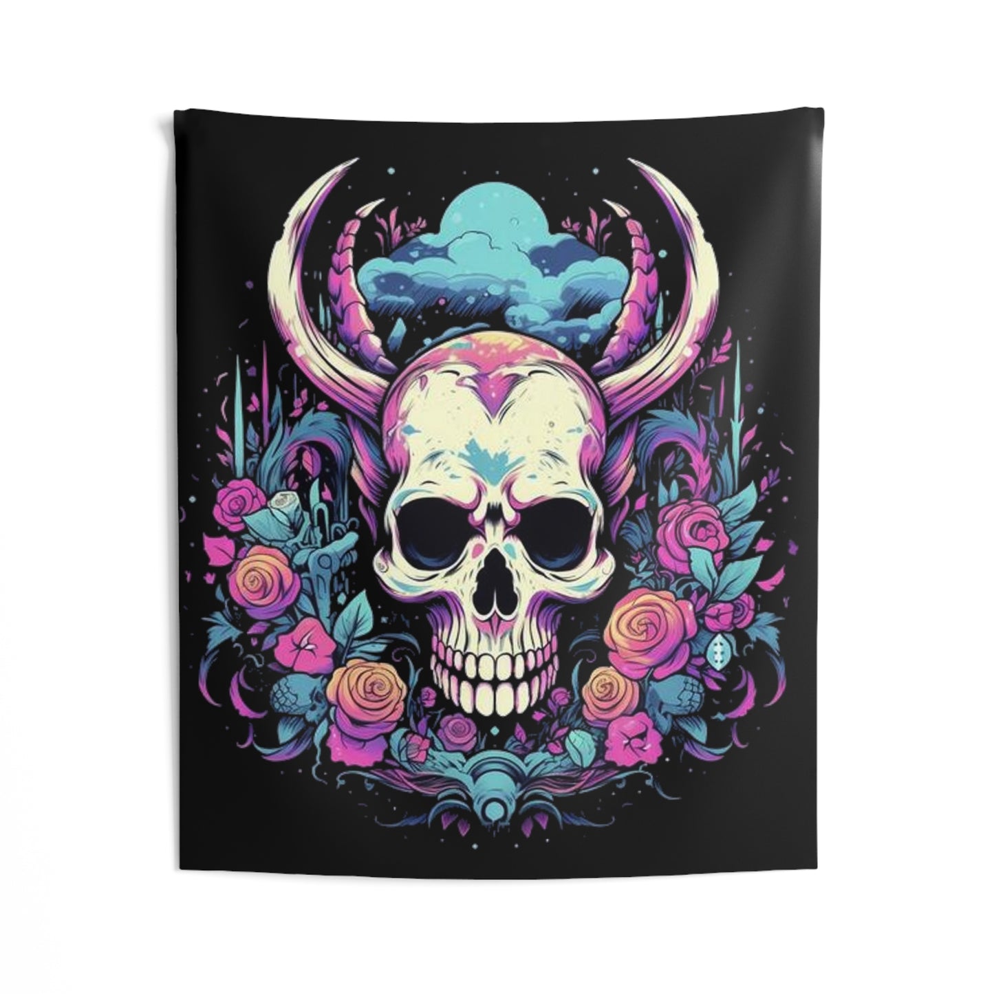 skull with horns colorful trippy Indoor Wall Tapestries