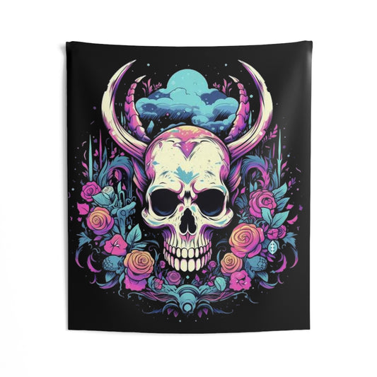 skull with horns colorful trippy Indoor Wall Tapestries