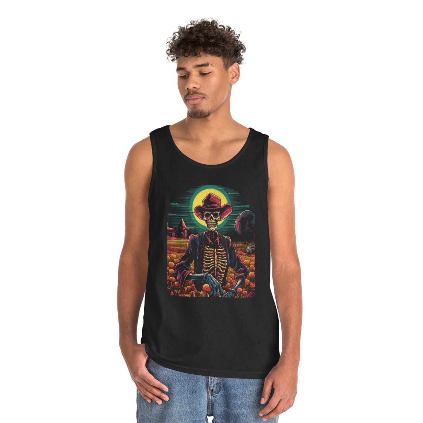 cowboy farmer skeleton pumpkin patch Unisex Heavy Cotton Tank Top