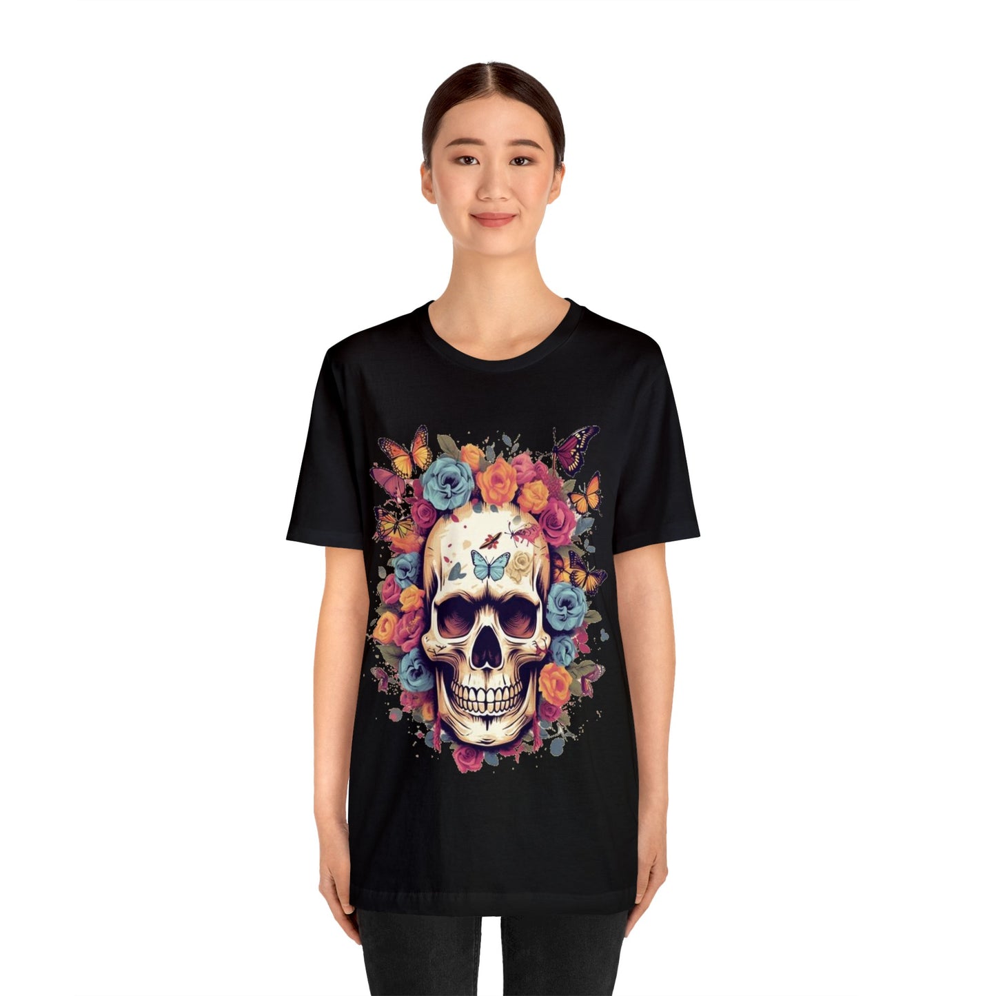 skull butterflies roses colorful Unisex Jersey Short Sleeve Tee