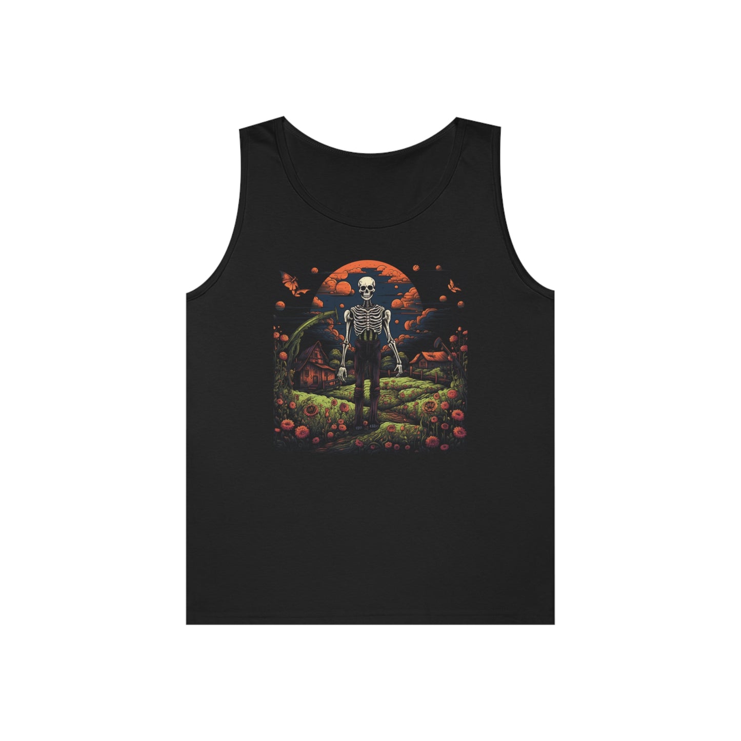 skeleton skull colorful flowers Unisex Heavy Cotton Tank Top