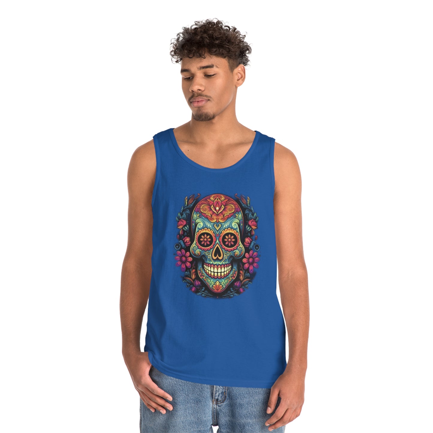 sugar skull and flowers colorful Unisex Heavy Cotton Tank Top