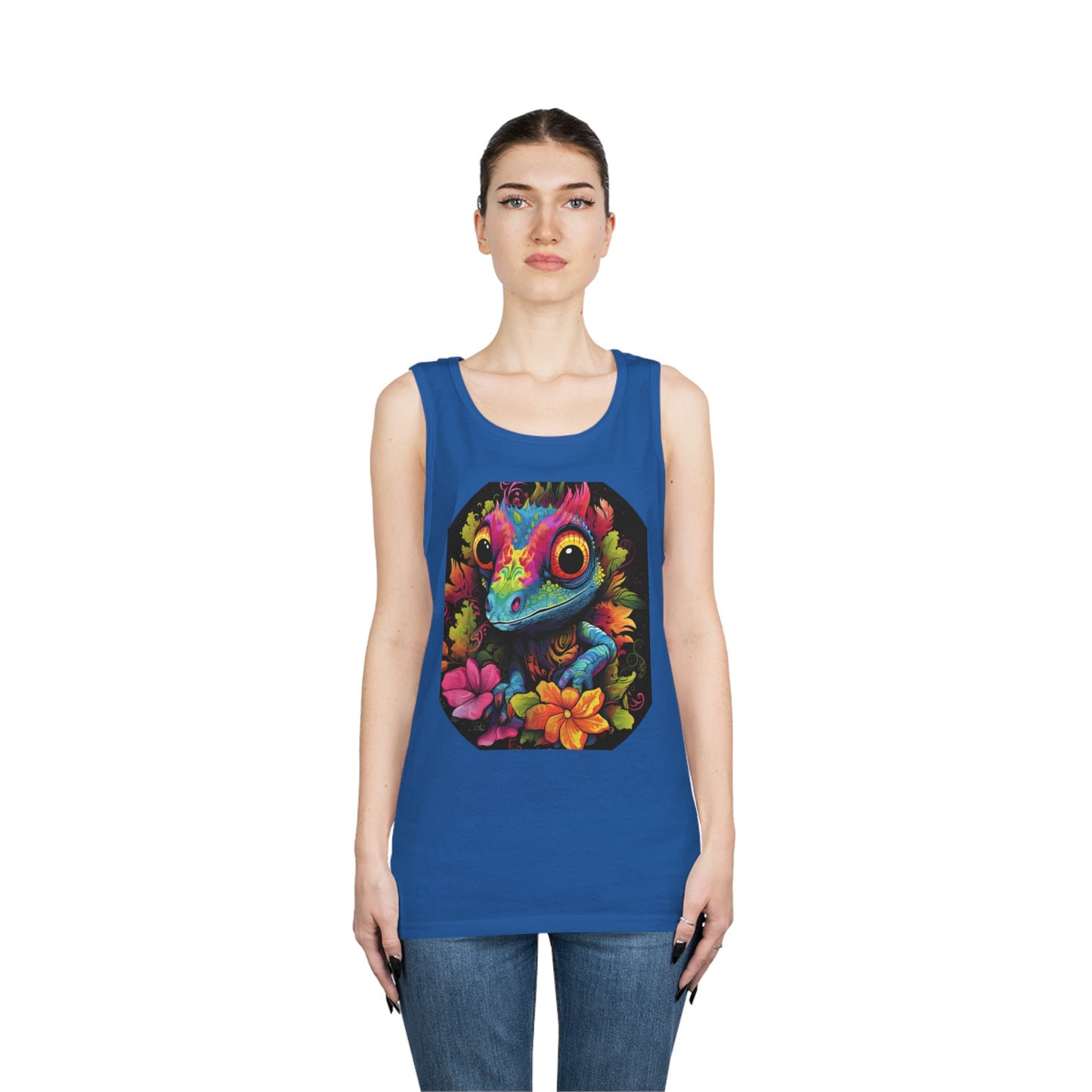 colorful cute gecko flowers Unisex Heavy Cotton Tank Top