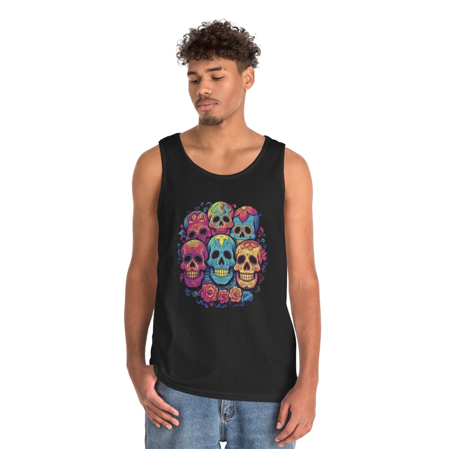 smiling sugar skulls trippy colorful  Unisex Heavy Cotton Tank Top