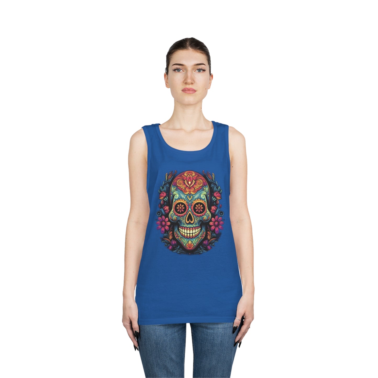 sugar skull and flowers colorful Unisex Heavy Cotton Tank Top