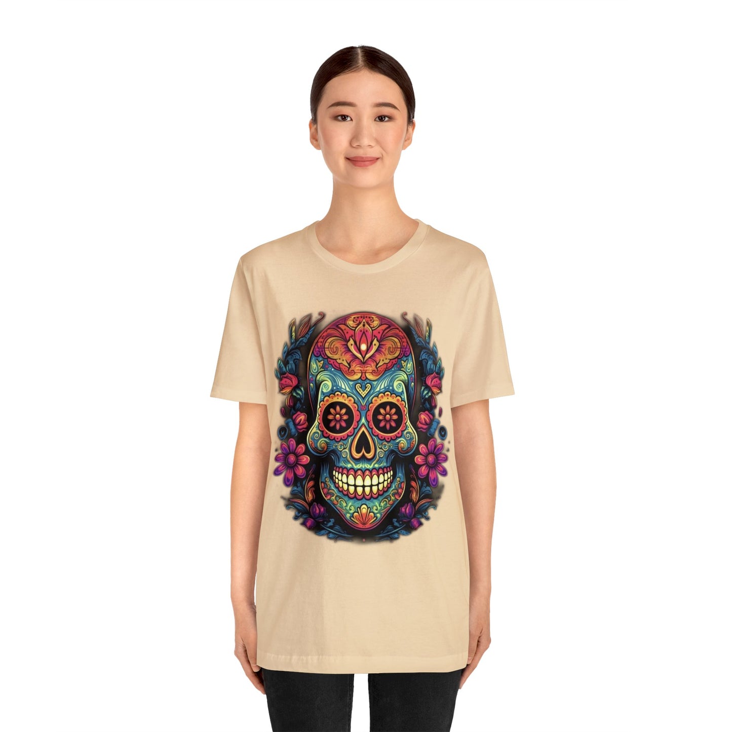 sugar skull and flowers colorful Unisex Jersey Short Sleeve Tee