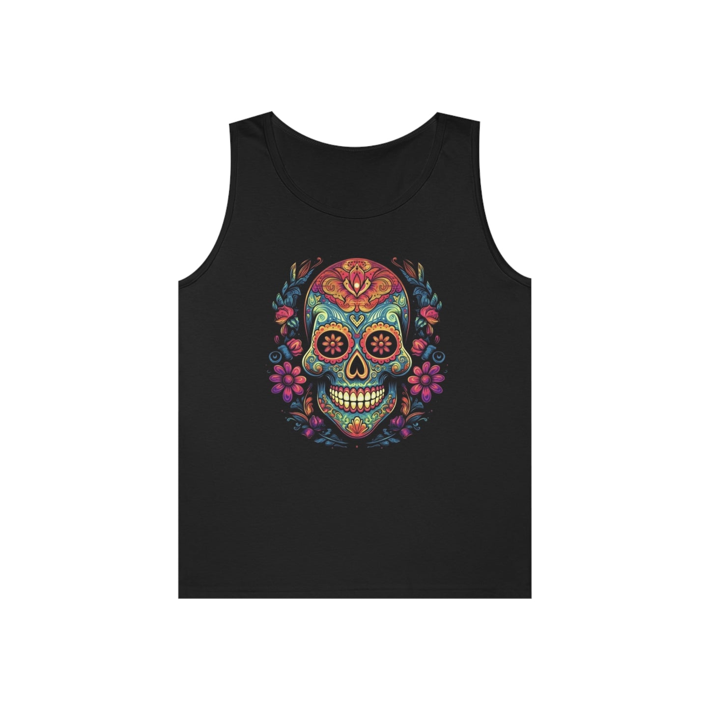 sugar skull and flowers colorful Unisex Heavy Cotton Tank Top