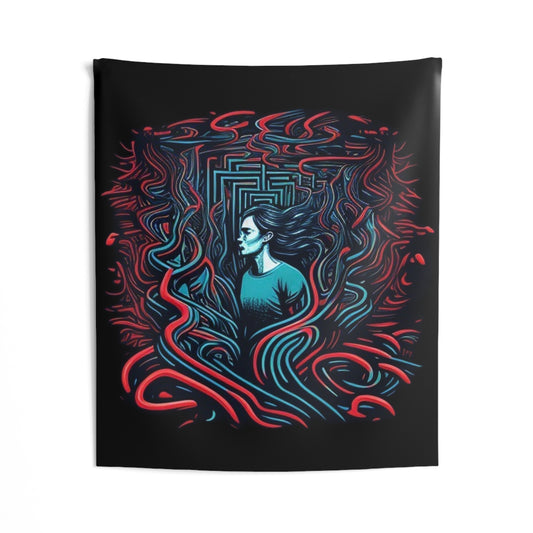 introspective colorful trippy lost in maze Indoor Wall Tapestries