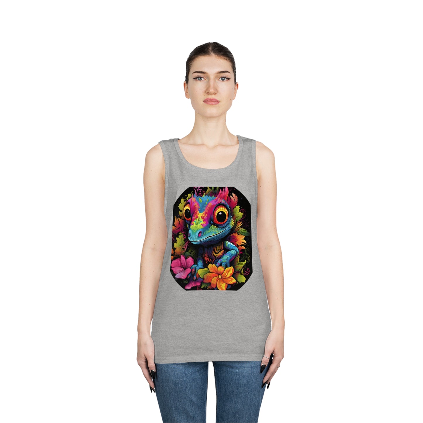 colorful cute gecko flowers Unisex Heavy Cotton Tank Top