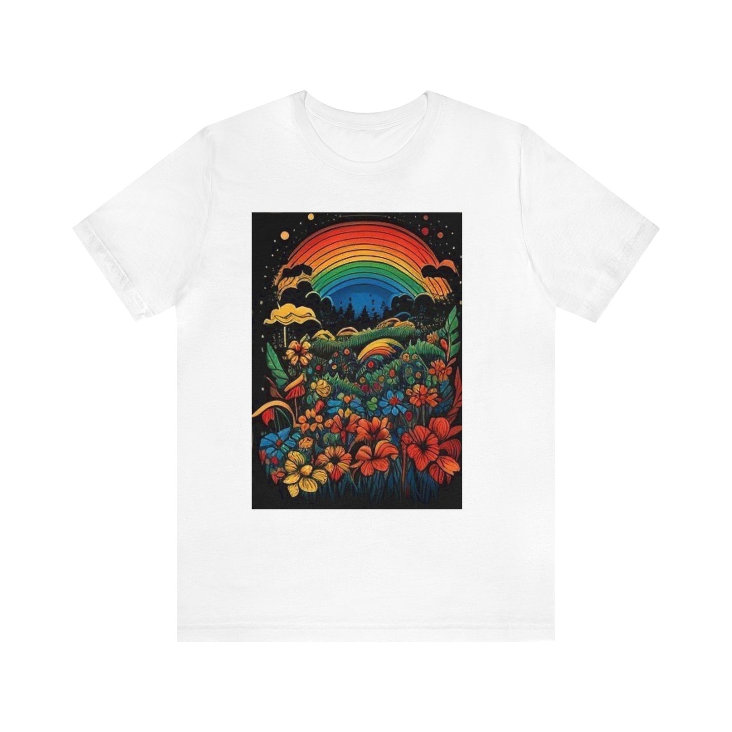 70's style rainbow and flowers colorful trippy Unisex Jersey Short Sleeve Tee