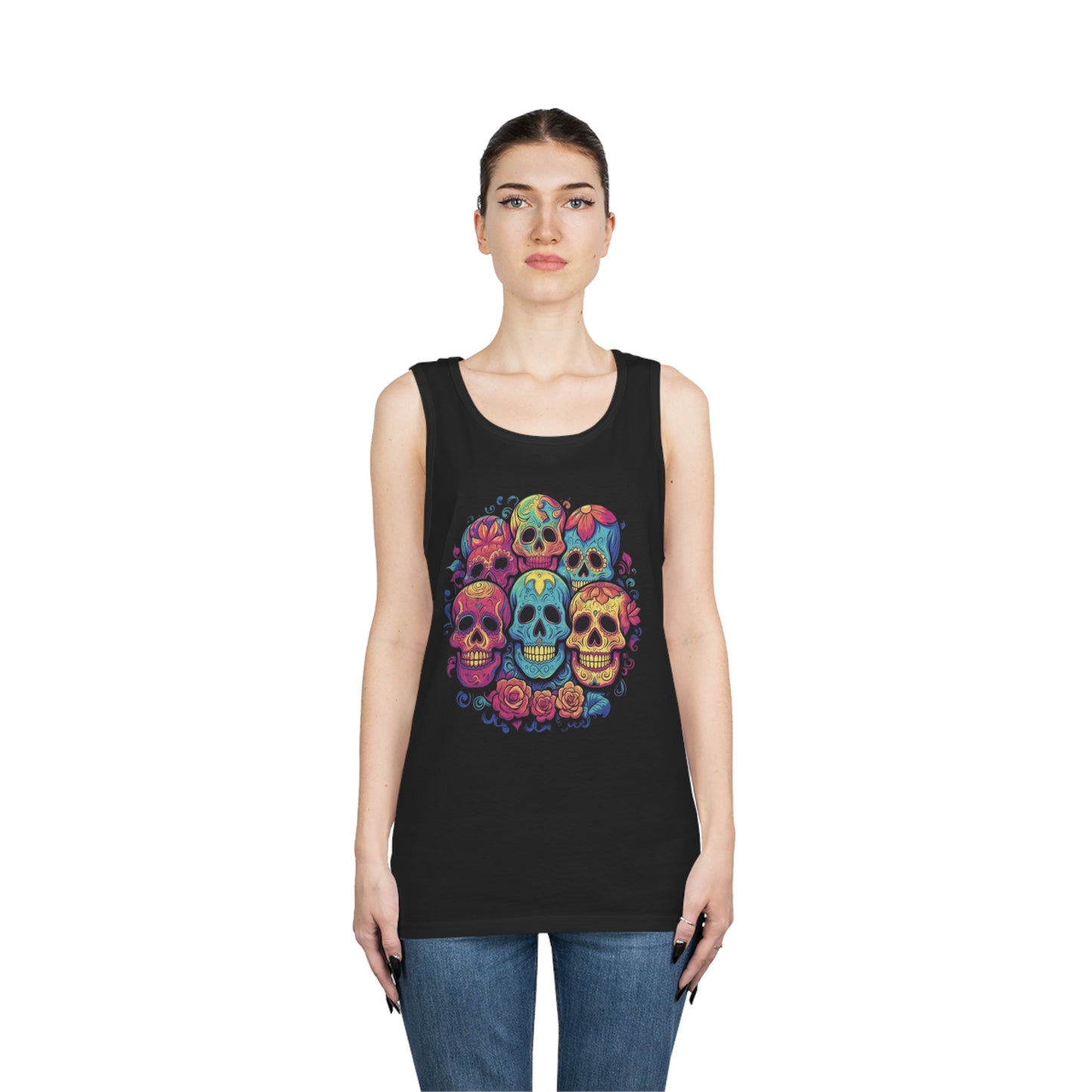 smiling sugar skulls trippy colorful  Unisex Heavy Cotton Tank Top