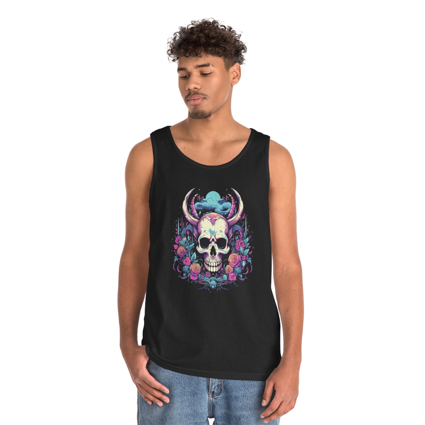 skull with horns colorful trippy Unisex Heavy Cotton Tank Top