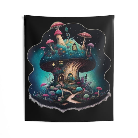 mushroom house colorful trippy Indoor Wall Tapestries