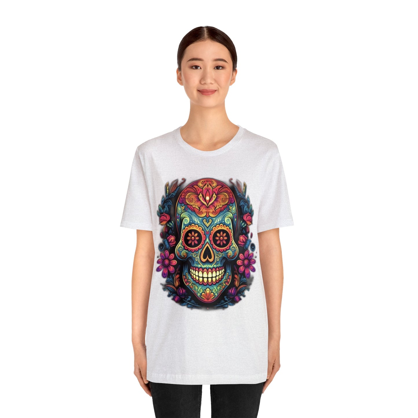 sugar skull and flowers colorful Unisex Jersey Short Sleeve Tee