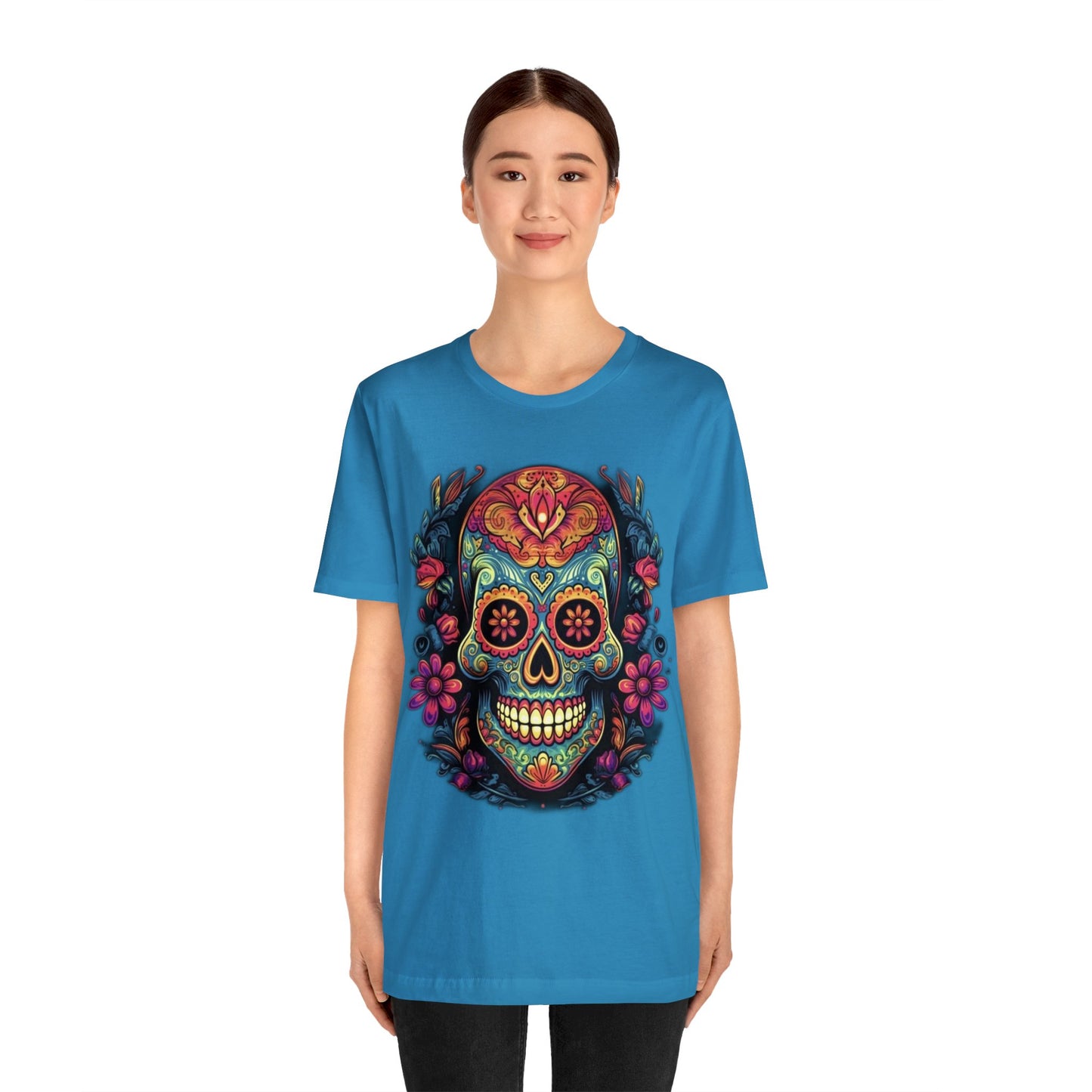 sugar skull and flowers colorful Unisex Jersey Short Sleeve Tee